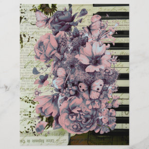 Piano vintage et fleurs sur vieux papier