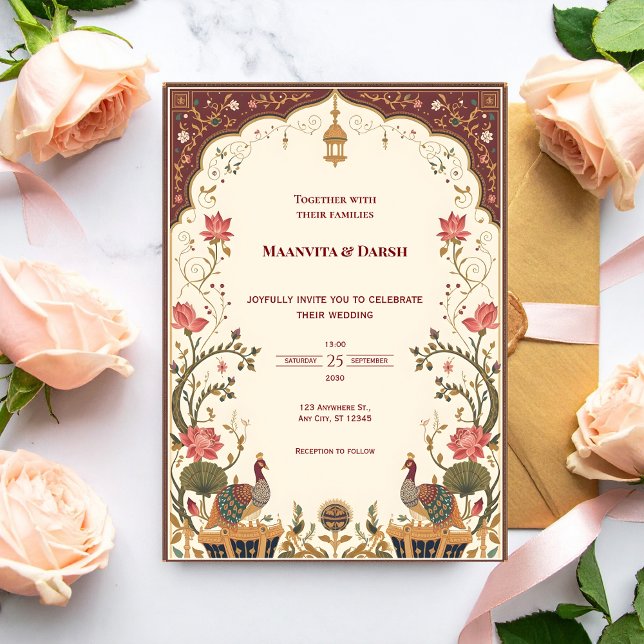 Pichwai Indian Lotus Peacock Wedding Invitation (Créateur téléchargé)