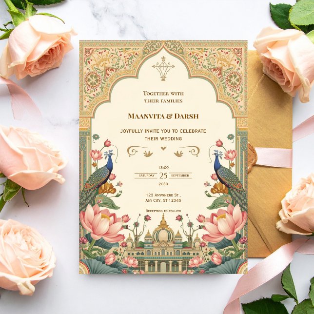 Pichwai Indian Peacock Lotus Wedding Invitation (Créateur téléchargé)