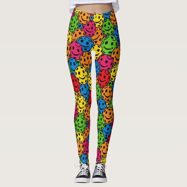 Pickleball Happy Retro Smiley Leggings Motifs (Devant)