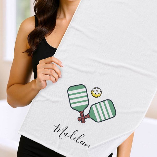 Pickleball Paddles Green Stripes Cadeau personnali (pickleball gift personalized towel paddles ball name calligraphy modern chic)