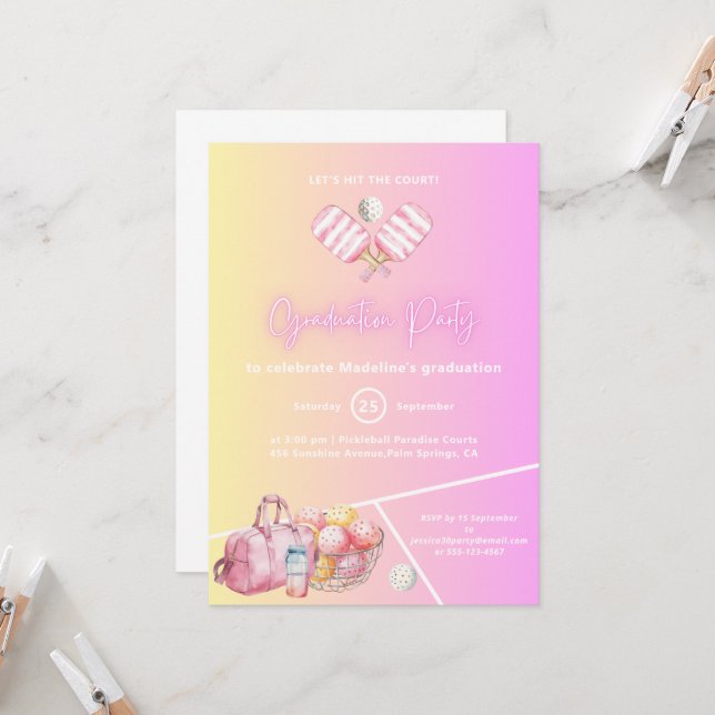 Pickleball Pink Fun Graduation Party Invitation (Devant/Arrière en situation)