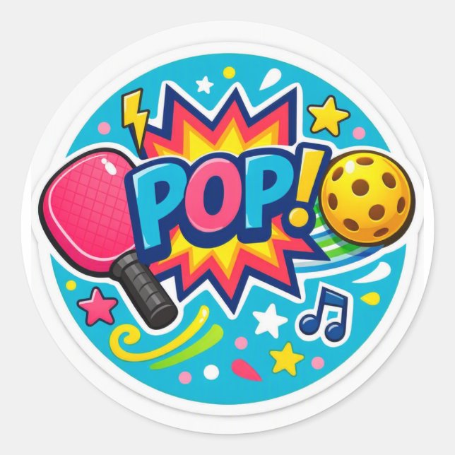 « Pickleball POP ! Autocollant rond – Style BD bri (Devant)