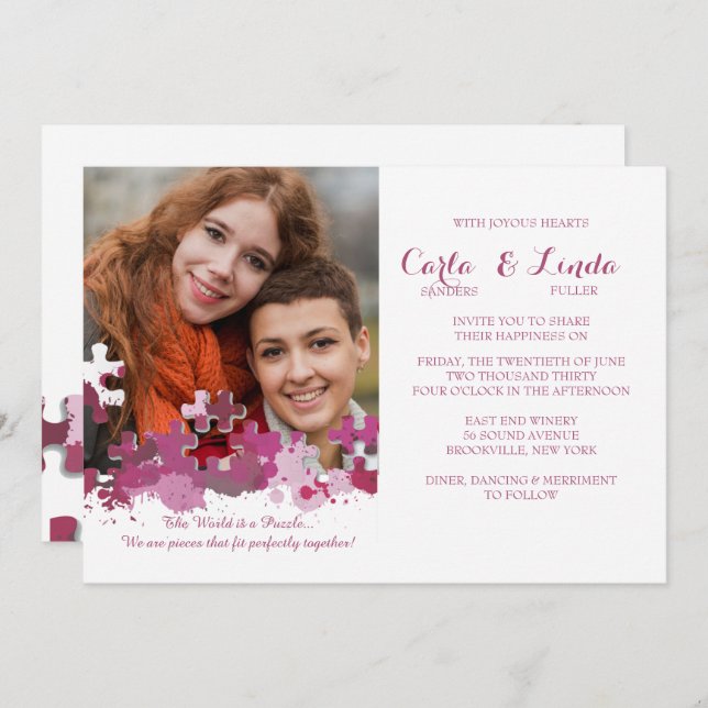 Pièces de Puzzle Photo Mariage rose Invitation (Devant / Derrière)