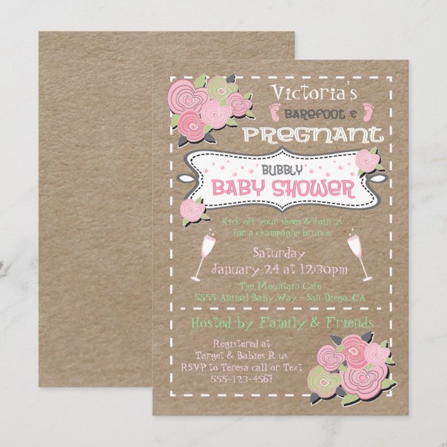 Pieds nus et invitations baby showers de Bubbly en (Devant / Derrière)