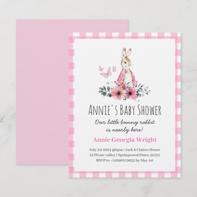 Pierre rose Rabbit Invitation baby shower mignon (Devant / Derrière)