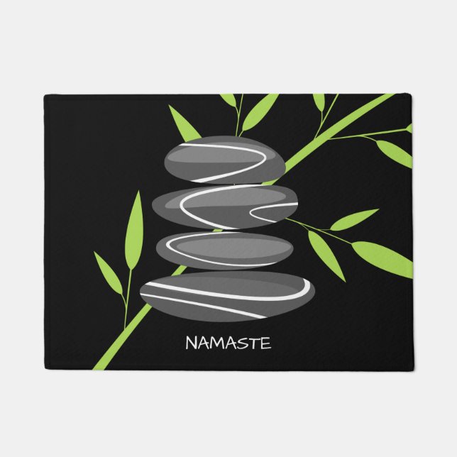 Pierres galets zen empilées & tapis de porte en ba (Devant)