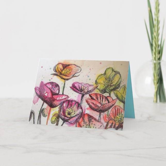 Pies roses Aquarelle et encre Carte d'anniversaire (Devant)