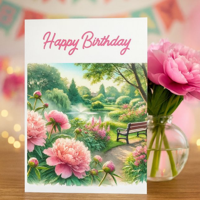 Pies roses au Park Bonne Carte de voeux d'annivers (Elegant birthday card with pink peonies, garden bench, and fountain—peaceful and celebratory)