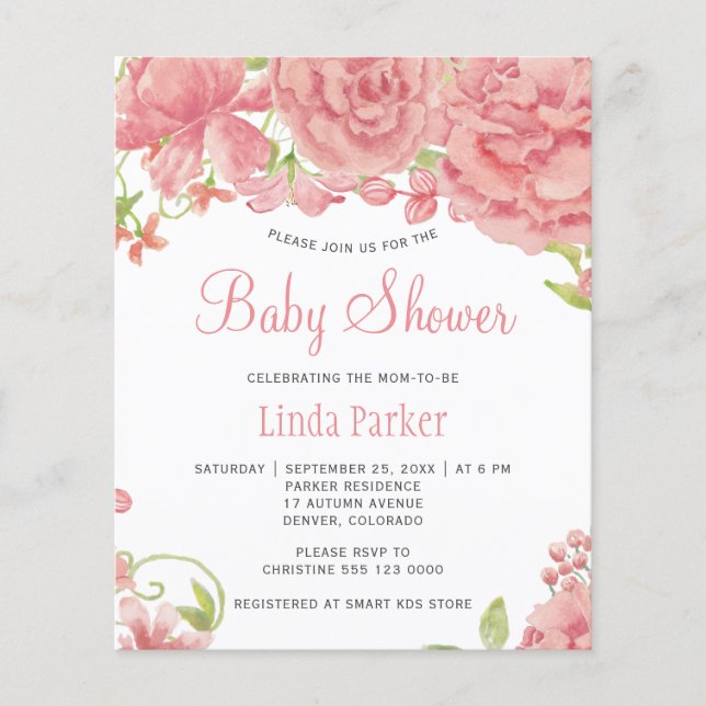 Pies roses rustique budget baby shower invitation (Devant)
