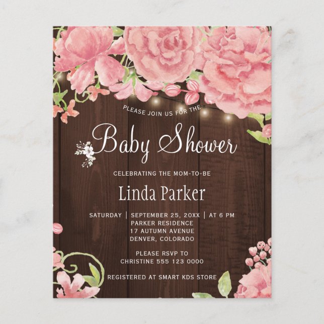 Pies roses rustique budget baby shower invitation (Devant)