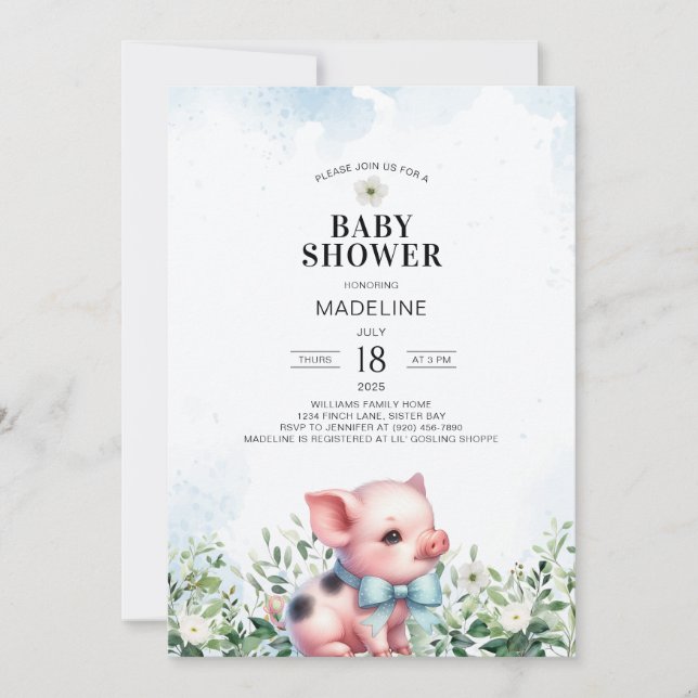Pig avec Bow Blue Boy Baby shower Invitation (Devant)
