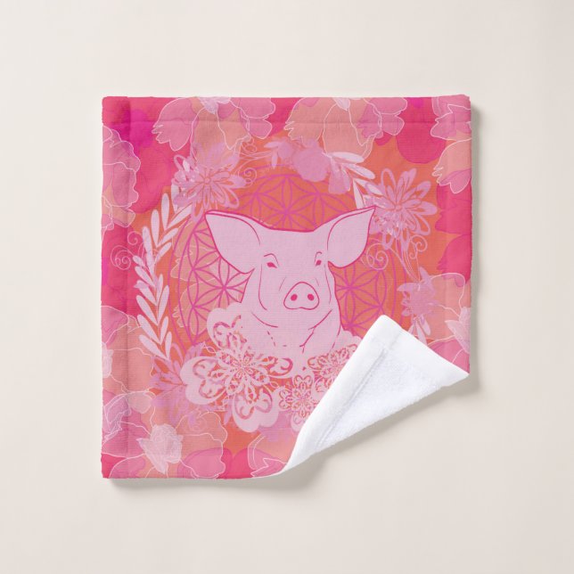 pig,flower of life, blue, mandala,zen,chakra,patt (Gant de toilette)