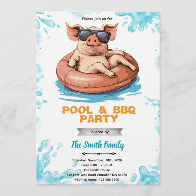 Pig Pool and bbq Party Invitation (Devant)
