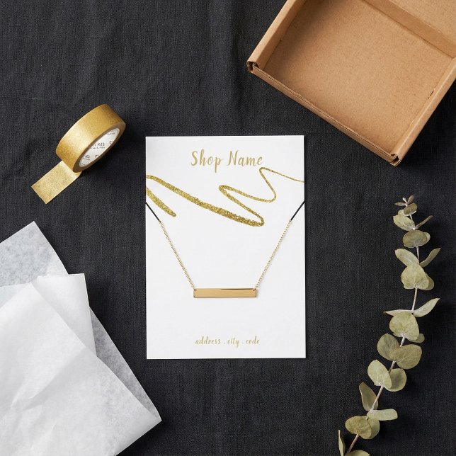Pignon or brillant, carte d'affichage du collier (Gold sparkly squiggle, necklace display card.)