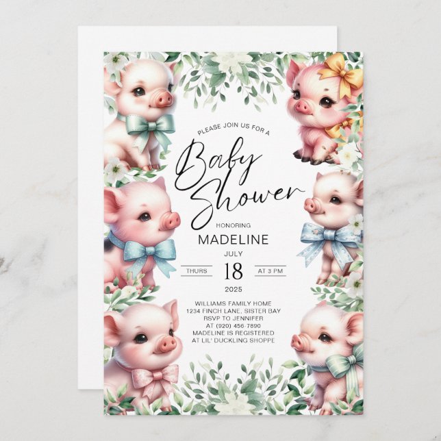 Pigs adorables Verdure Baby shower Invitation (Devant / Derrière)