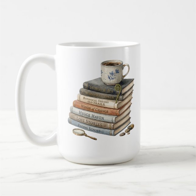 Pile de livres aquarelle cosy avec tasse de thé Hy (Gauche)