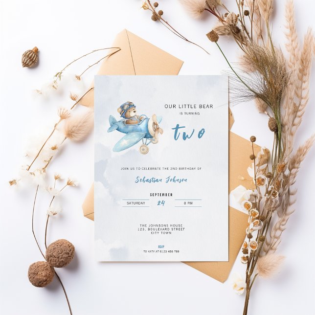 Pilot Bear Airplane 2nd Birthday Party Invitation (Cute watercolor pilot bear in airplane 2nd birthday invitation)