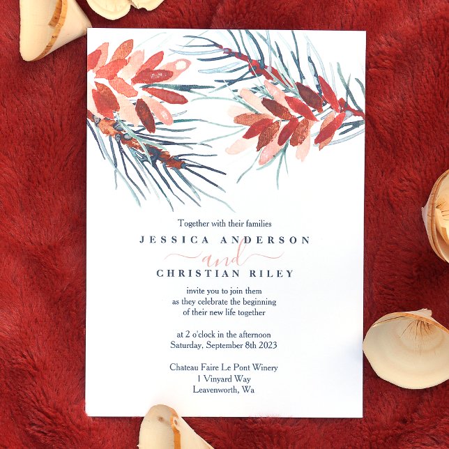 Pin Brown cônes, Aiguilles de pin Invitations de m (winter pinecones, pine needles wedding invitations, terracotta, pink, brown wedding color palette )