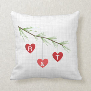 Pine Bough & Red Hearts Monogram Valentine Coussin