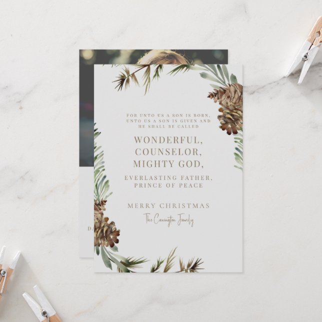 Pine Cone Écriture de Noël Photo chrétienne (Devant/Arrière en situation)