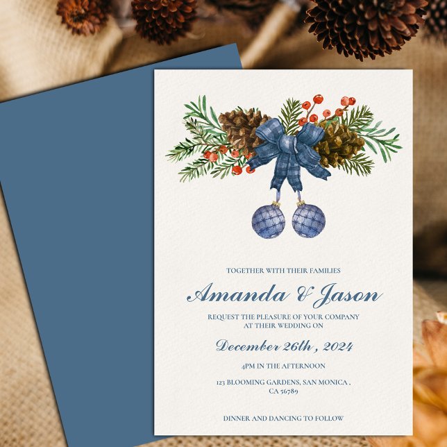 Pine Cone Red Berries Noël faire-part de mariage (Pine Cone Red Berries Christmas wedding Invitation)