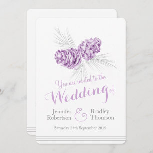Pine cônes art violet gris invitation de mariage