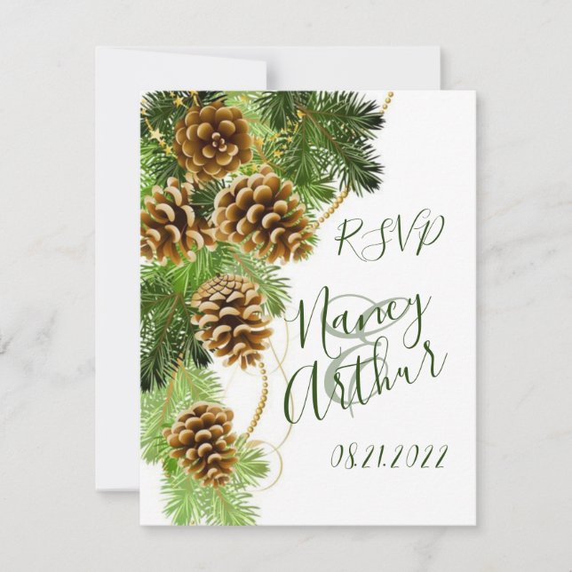 Pine d'hiver et cônes de pin Mariage Carte RSVP (Devant)