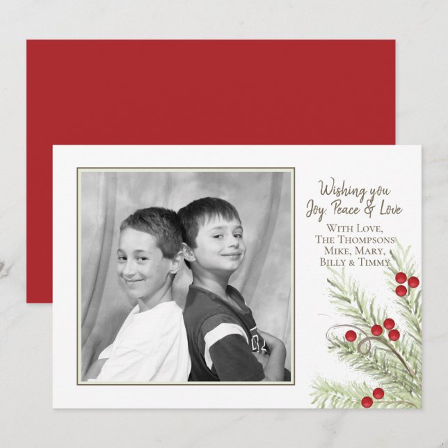 Pine Holly Berries Carte photo de Noël 1 Photo (Devant / Derrière)