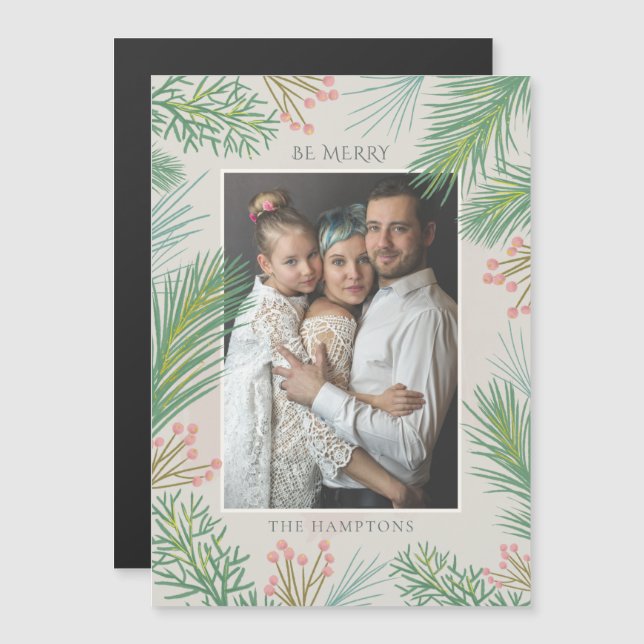 Pine Holly Berry Photo Holiday Carte magnétique (Devant / Derrière)