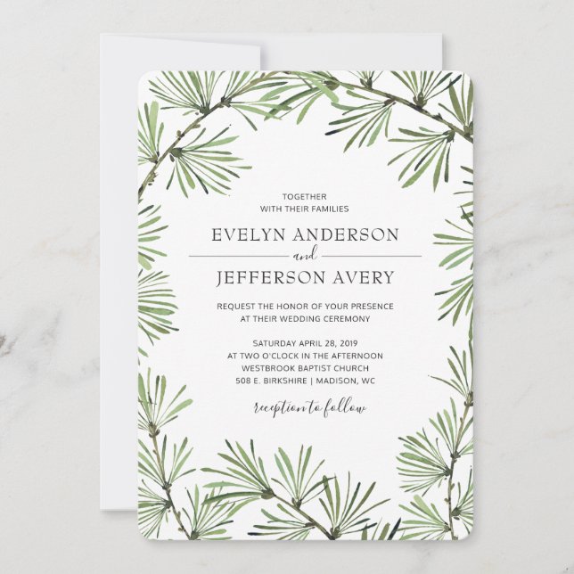 Pine Needles Moderne Mariage d'hiver Invitation (Devant)