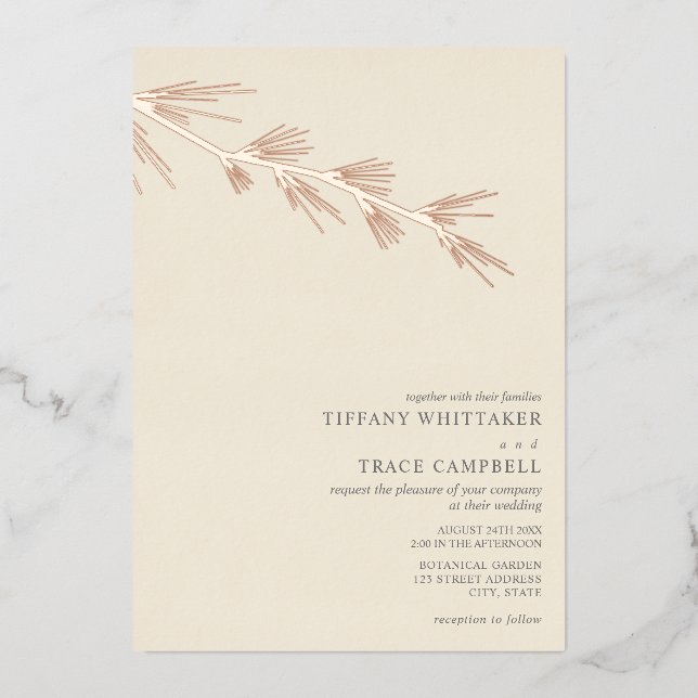 Pine Tree Branch Cream Mariage Foil Invitation (Recto)