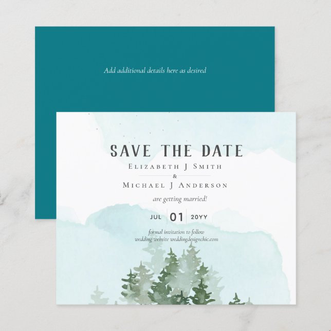 Pine Trees Turquoise et Sage Mariage Date de sauve (Devant / Derrière)