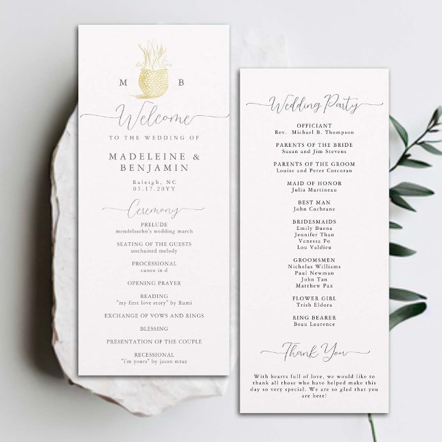 Pineapple Or Monogram Crest Chic Wedding Programme (gold pineapple monogram crest wedding ceremony program elegant modern classic black white formal)