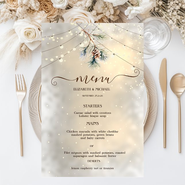 Pinecone String Lights Winter  Wedding Menu Card (Créateur téléchargé)