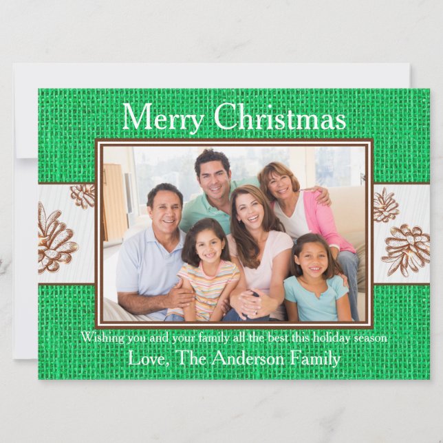 Pinecones Burlap Vert Photo - Carte de Noël 6x8 (Devant)