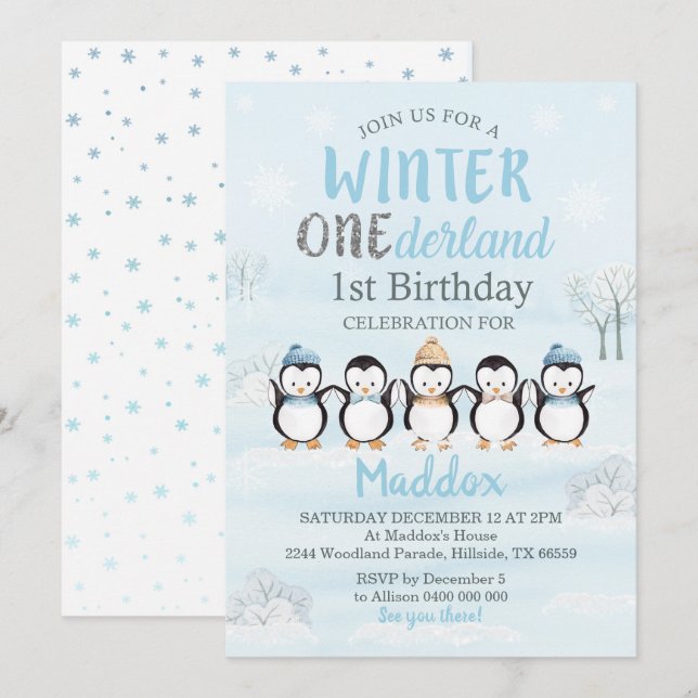 Pingouin 1er anniversaire Invitation hiver Onederl (Devant / Derrière)