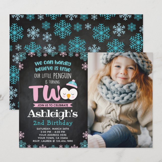 Pingouin 2e anniversaire Invitation avec photo (Devant / Derrière)
