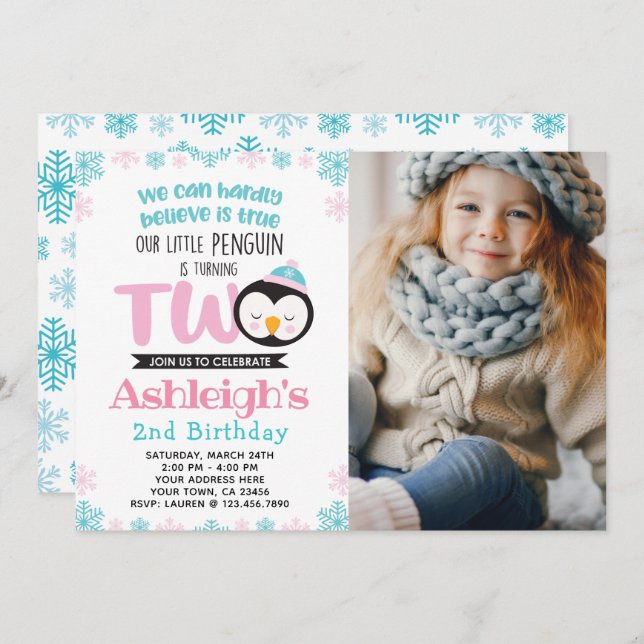 Pingouin 2e anniversaire Invitation avec photo (Devant / Derrière)