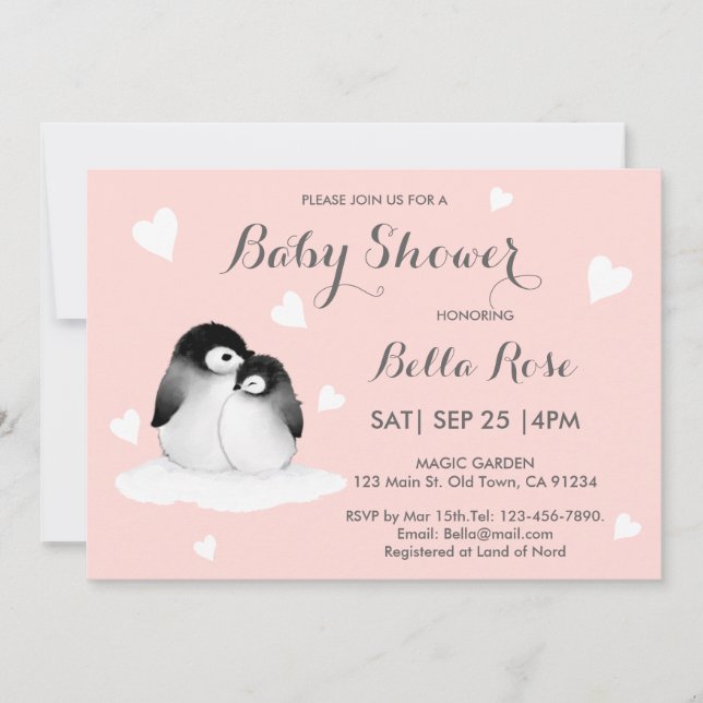 Pingouin Coeur Rose Vive Invitations de douche béb (Devant)