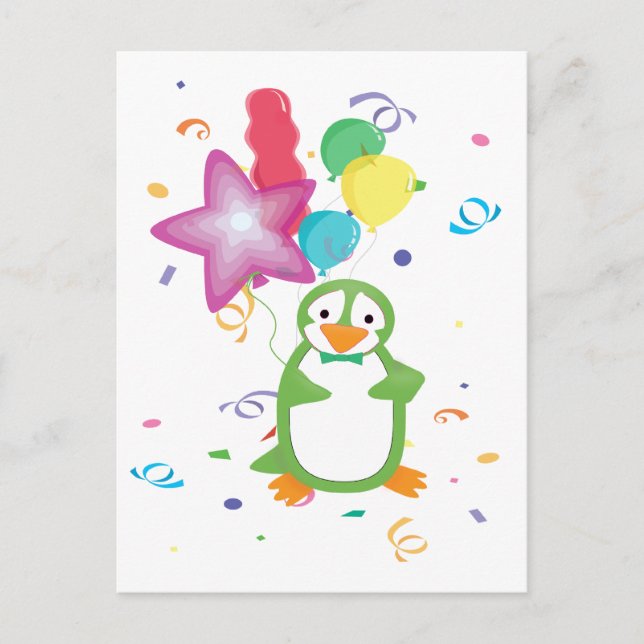 Pingouin d'anniversaire vert avec carte postale de (Devant)