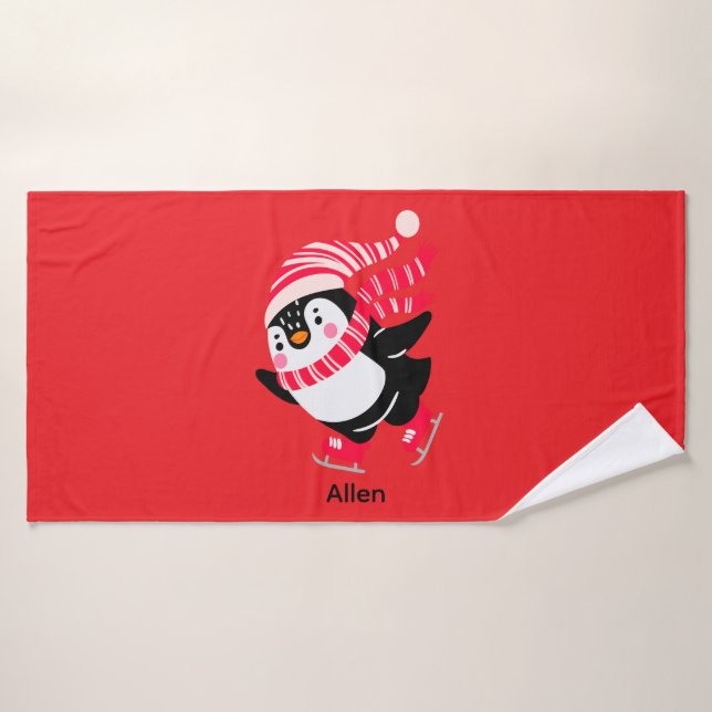 Pingouin de Noël dans un Casquette et écharpe sur  (Serviette de bain)