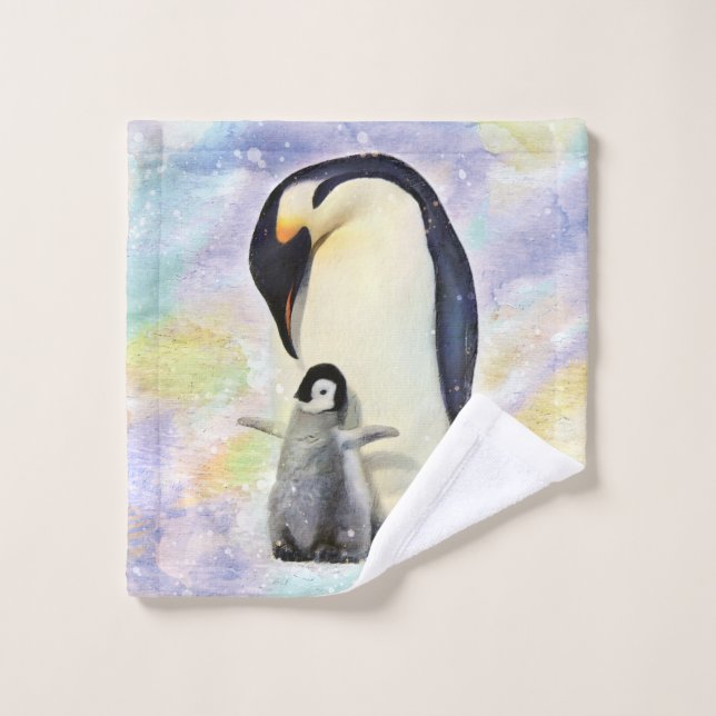 Pingouin d'empereur avec l'aquarelle de bébé (Gant de toilette)