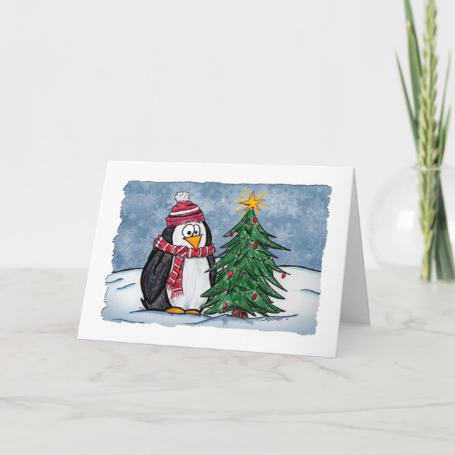 Pingouin en dessin mignon avec une carte de Noël e (Devant)