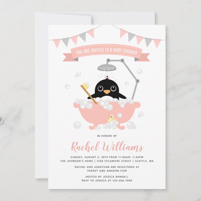 Pingouin Girl en rose Baignoire Douche Invitation (Devant)
