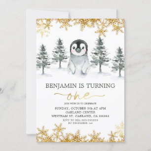 Pingouin Hiver Gold Flocon de neige Invitation Ann