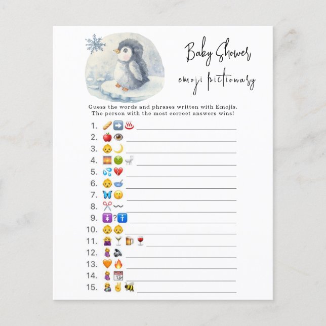 Pingouin - Jeu d'image d'emoji Baby Shower (Devant)