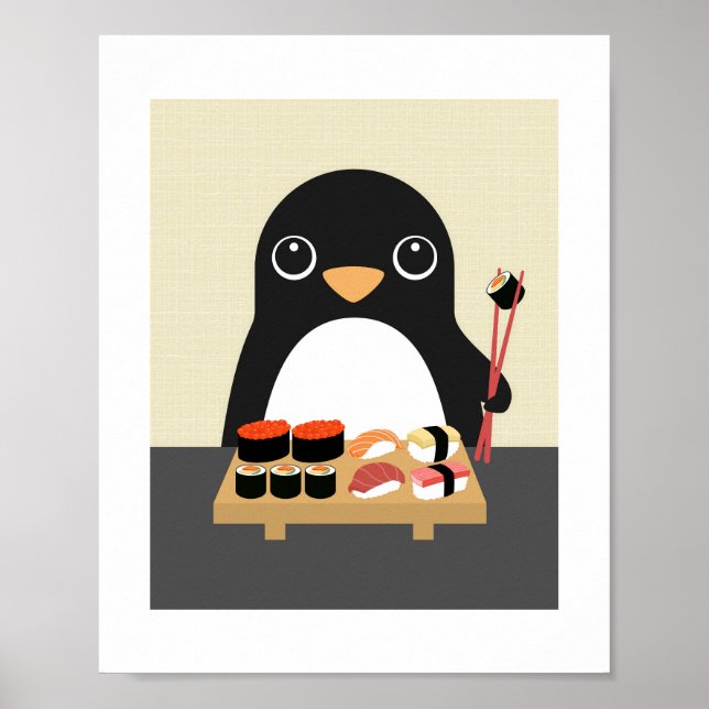 Pingouin Manger Sushi Poster Imprimer (Devant)