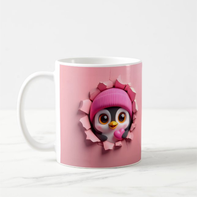 Pingouin mignon avec coeur - Mug 3D adorable (Gauche)