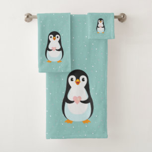 Pingouin mignon tenir un coeur sur Turquoise